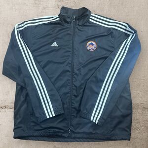 New York Mets Jacket Mens XL Black Full Zip Y2K Adidas MLB Baseball Logo Warmup